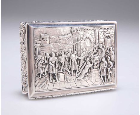 A GEORGE IV SILVER TABLE SNUFF BOX by Thomas Shaw, Birmingham 1825, the cover chased in relief with a panel of Classical figu