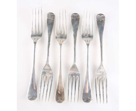 A SET OF SIX GEORGE V SILVER TABLE FORKS by James Dixon &amp; Sons Ltd, Sheffield 1933, Old English pattern. (6) 20.4cm long,