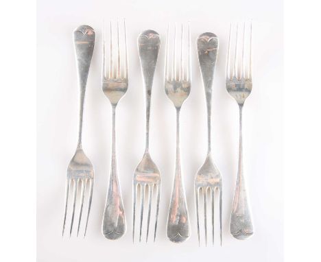 A SET OF SIX GEORGE V SILVER DESSERT FORKS by James Dixon &amp; Sons Ltd, Sheffield 1926, Old English pattern. (6) 18cm long,