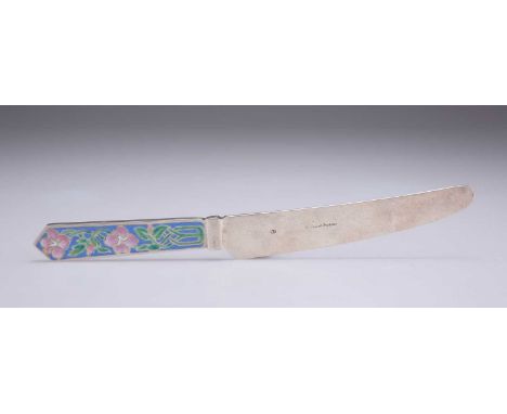 AN EARLY 20TH CENTURY ENAMELLED KNIFE by Bernard Instone, the pointed handle enamelled with a trellis of stylised flowers. 17