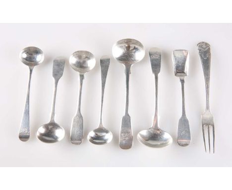 A MIXED GROUP OF SILVER FLATWARE, GEORGIAN AND LATER comprising a pair of George III sauce ladles by Jacob Nathan, Exeter 181