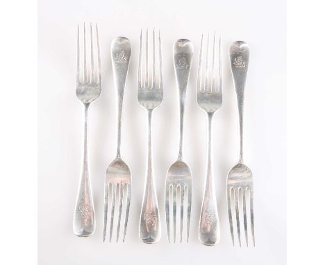 A SET OF SIX GEORGE V SILVER DESSERT FORKS by David Landsborough Fullerton, London 1923, Old English pattern, engraved with c