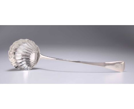 A GEORGE III SILVER SOUP LADLE by John &amp; Henry Lias, London 1818, Old English pattern, with a shell-form bowl, crested. 3