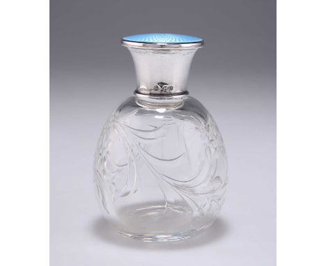 A GEORGE V SILVER AND GUILLOCHÉ ENAMEL-TOPPED SCENT BOTTLE by Adie Brothers, Birmingham 1913, the globular glass body engrave