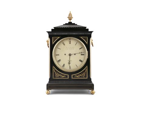 A LATE GEORGE III BRASS INLAID EBONISED BRACKET CLOCK, by James McCabe (1748 - 1811), Royal Exchange, London, the case surmou