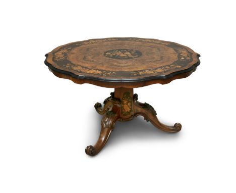 A FINE BURR WALNUT AND MARQUETRY INLAID CENTRE TABLE, C.1840 stamped Henry Wooley, 97 New Bond Street, London, the circular t