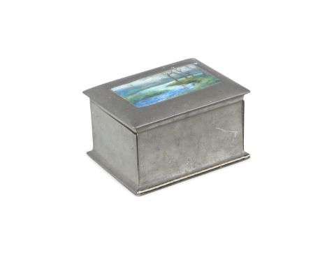 CHARLES FLEETWOOD VARLEY FOR LIBERTY &amp; CO An English pewter and enamel cigarette box, early 20th century, of rectangular 