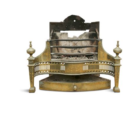 A GEORGE III BRASS AND CAST IRON SERPENTINE FIRE GRATE, with three bar grill, and arched back plate, with frieze engraved wit