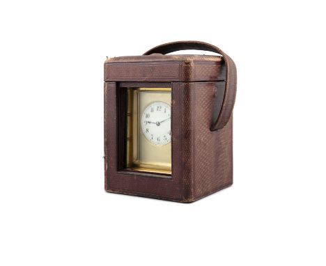 A FRENCH BRASS CASED REPEATING CARRIAGE CLOCK, early 20th century, with shagreen travelling case, the clock with bevelled gla
