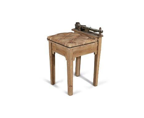 A BRASS, PINE AND BUTTON UPHOLSTERED JOCKEY SCALES SEAT, with button upholstered leather seat and brass weighing instrument, 