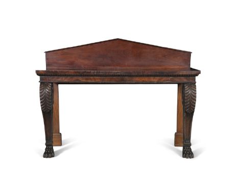 A WILLIAM IV MAHOGANY CONSOLE TABLE C.1835, of rectangular form with architectural gallery back, solid panel top, supported o