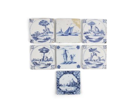 A COLLECTION OF SEVEN DUTCH DELFTWARE TILES, 18TH CENTURY, comprising a set of four each painted within a double lined rounde