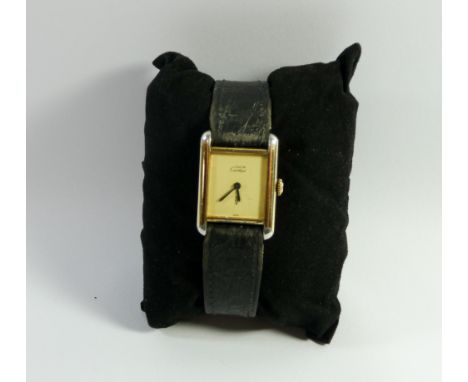 Ladies Must de Cartier silver gilt wristwatch, on black leather strap