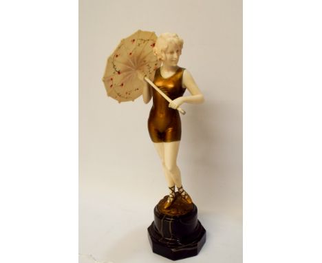 Ferdinand Preiss 'Bather with Parasol' a gilt bronze and carved ivory figure circa 1925 modelled as a young lady in a bathing