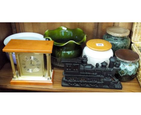 Various store jars, mantle clock, small ornamental items in basket etc 
