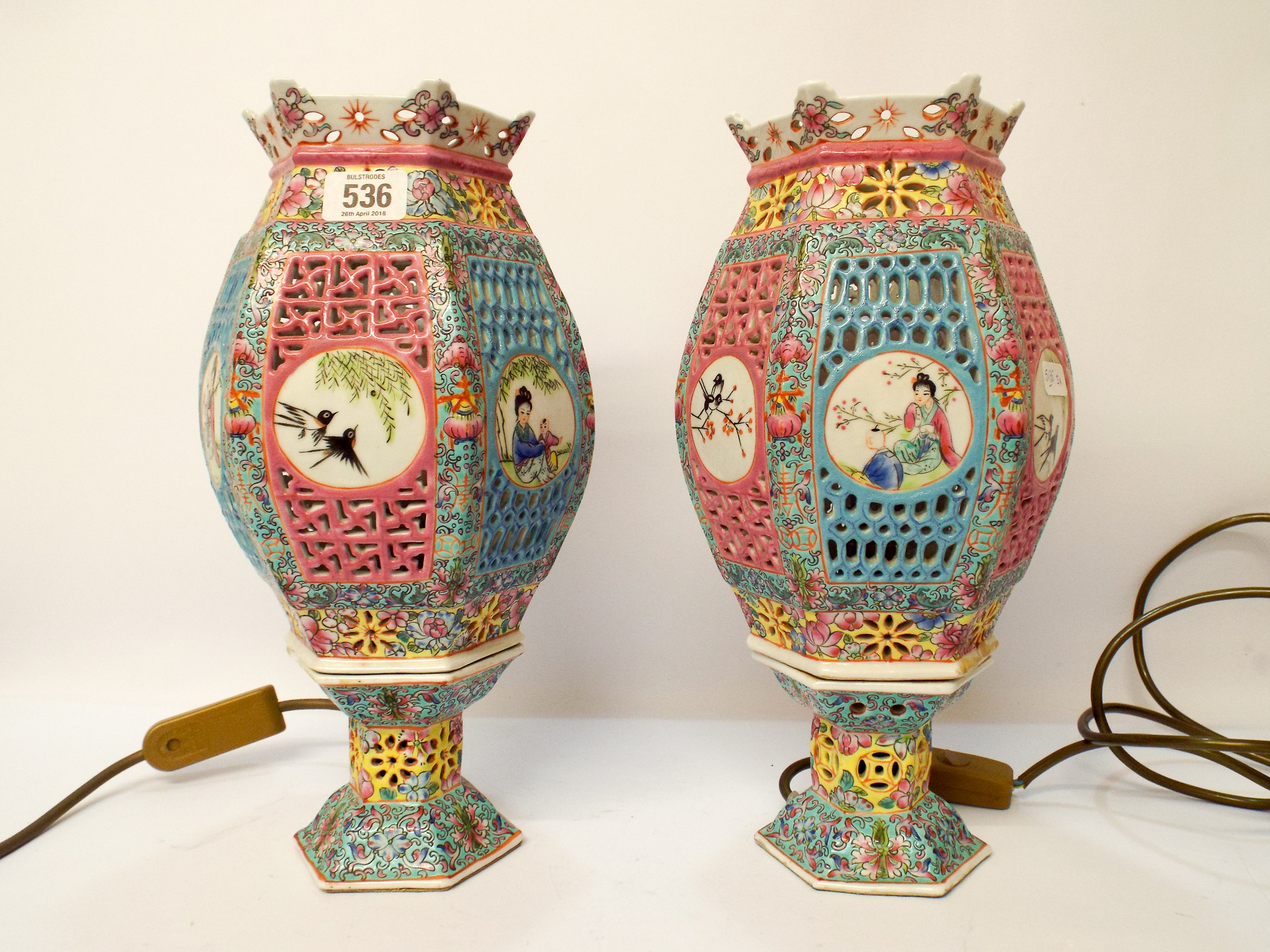 A pair of Chinese lantern style porcelain light fittings, 34cm tall