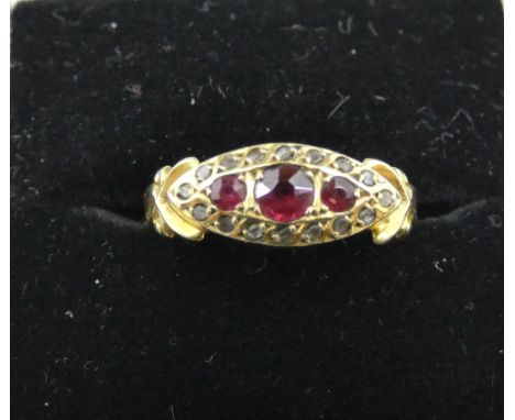 Victorian 18ct yellow gold ruby and diamond ring, ring size R