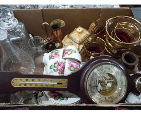 Tea ware, flower clusters, decanters, glass water set, barometer and other assorted china etc 