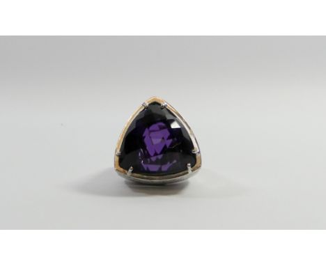 Large and impressive amethyst and diamond statement ring, set unusual triangular multi-faceted amethyst on raised 18ct white 