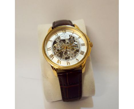 Rotary automatic skeleton movement wristwatch on brown leather strap