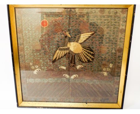 A Chinese rank badge 'Civil 9th Rank Badge' silk and needlework panel depicting a Paradise Flycatcher framed and glazed panel
