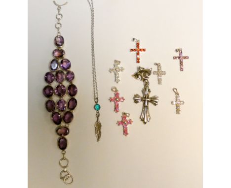 Wide modern silver and amethyst bracelet, assorted modern silver and paste crosses etc