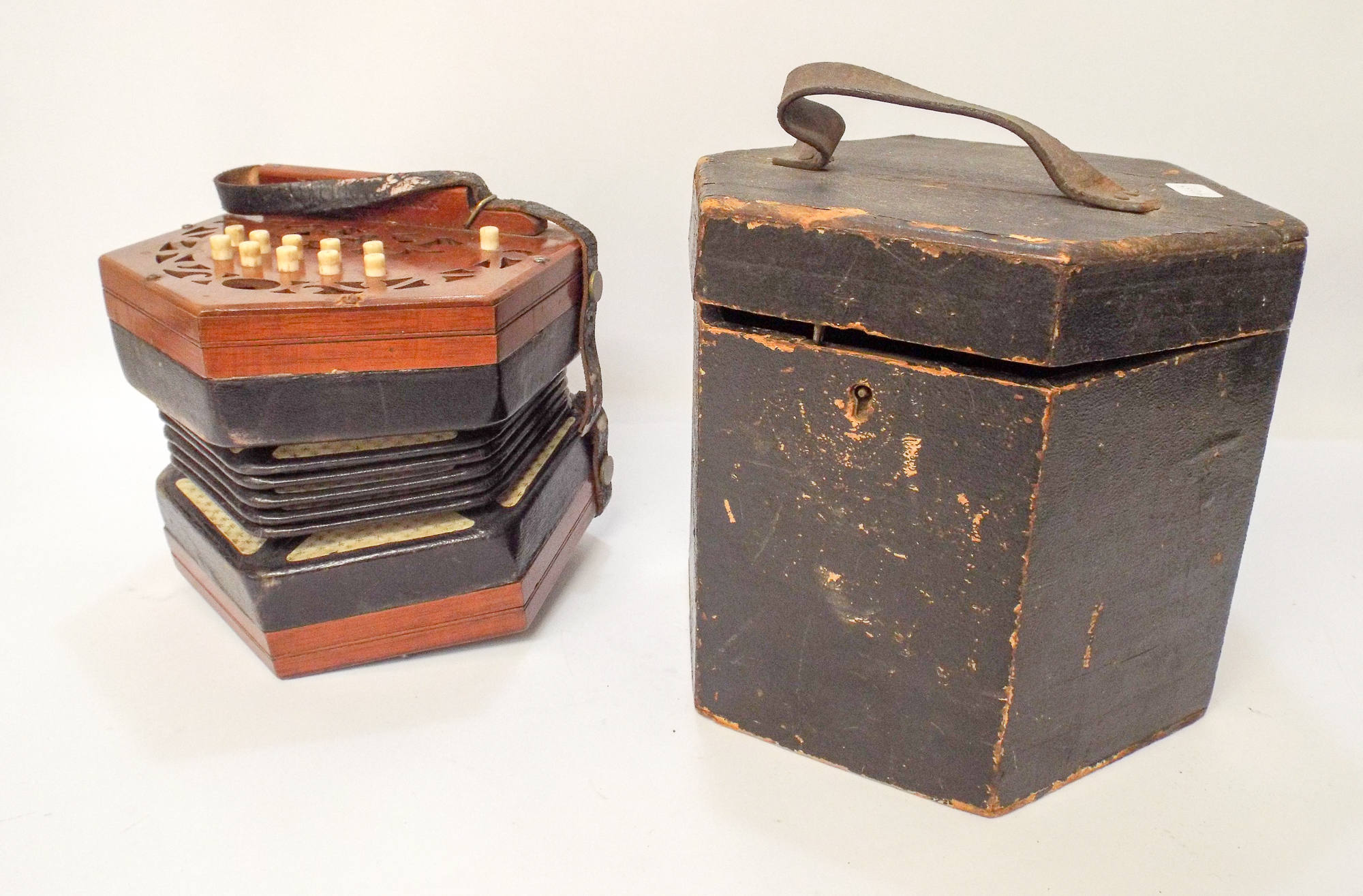 Hexagonal accordion by Lachenal and Company, concertina in wooden box