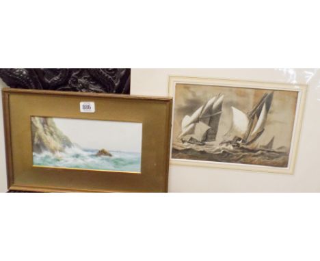 A coastal land and seascape watercolour signed 'R. Sherrin', together with a picture of racing yachts