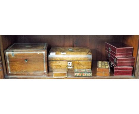 Victorian rosewood writing box, Victorian walnut trinket box and six other small boxes 