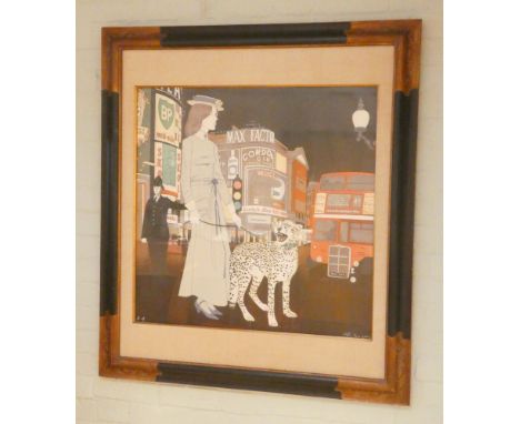 A Philippe Noyer coloured Lithograph - 'Lady with leopard in Piccadilly Circus' in black and gilt frame 30" square signed  by