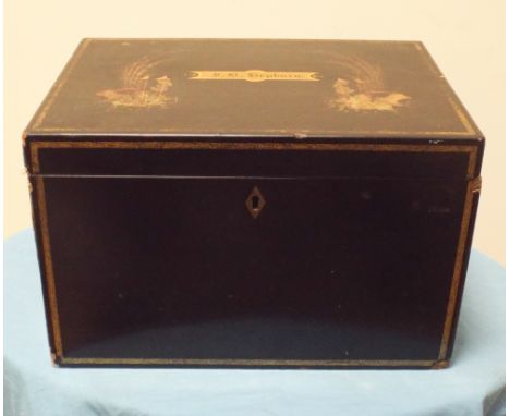 A large Chinese black lacquered and gilt decorated tea caddy with decorated zinc liner 14"x101/2" and 9" high 