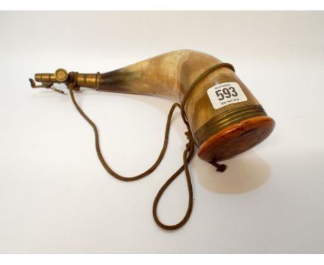 A powder flask made from a cows horn overall length is 32cms 