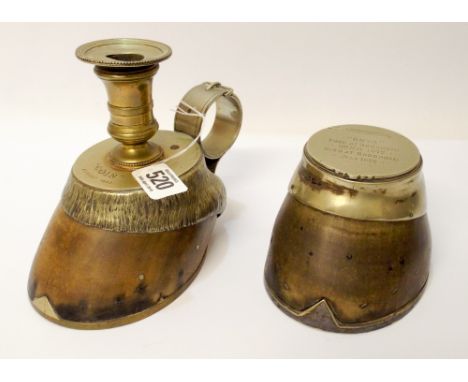 Two desk ornaments made from horses hooves, the first an inkwell, the second a chamber stick or desk candlestick, both stampe