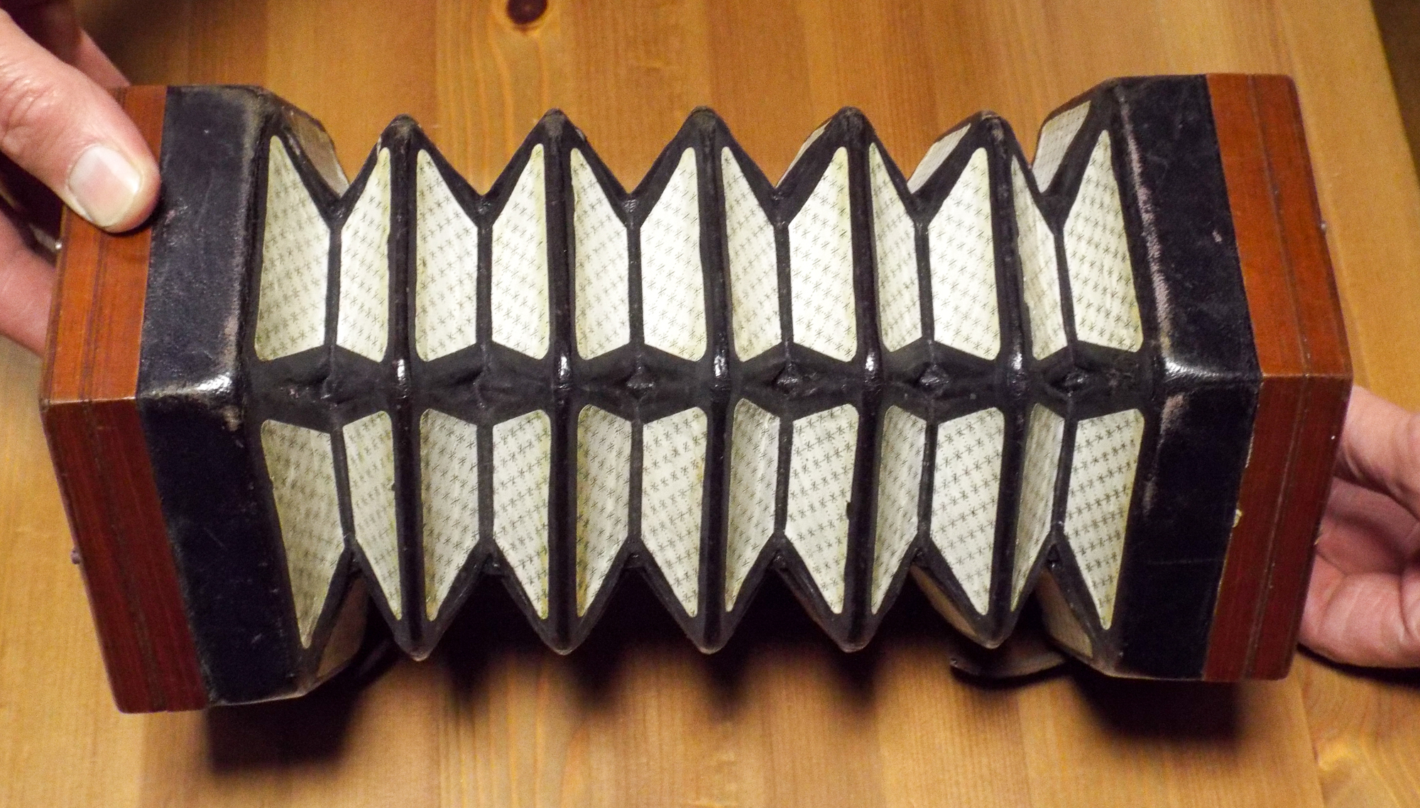 Hexagonal accordion by Lachenal and Company, concertina in wooden box