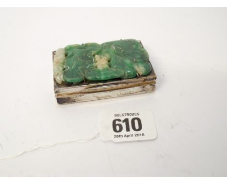 A silver match case or vesta, London hallmarks 1916, the top decorated with carved jade panel 