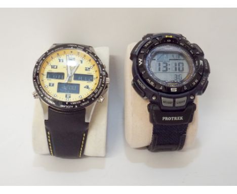 Casio Protrek watch and an Accurist Dual display wristwatch with yellow dial