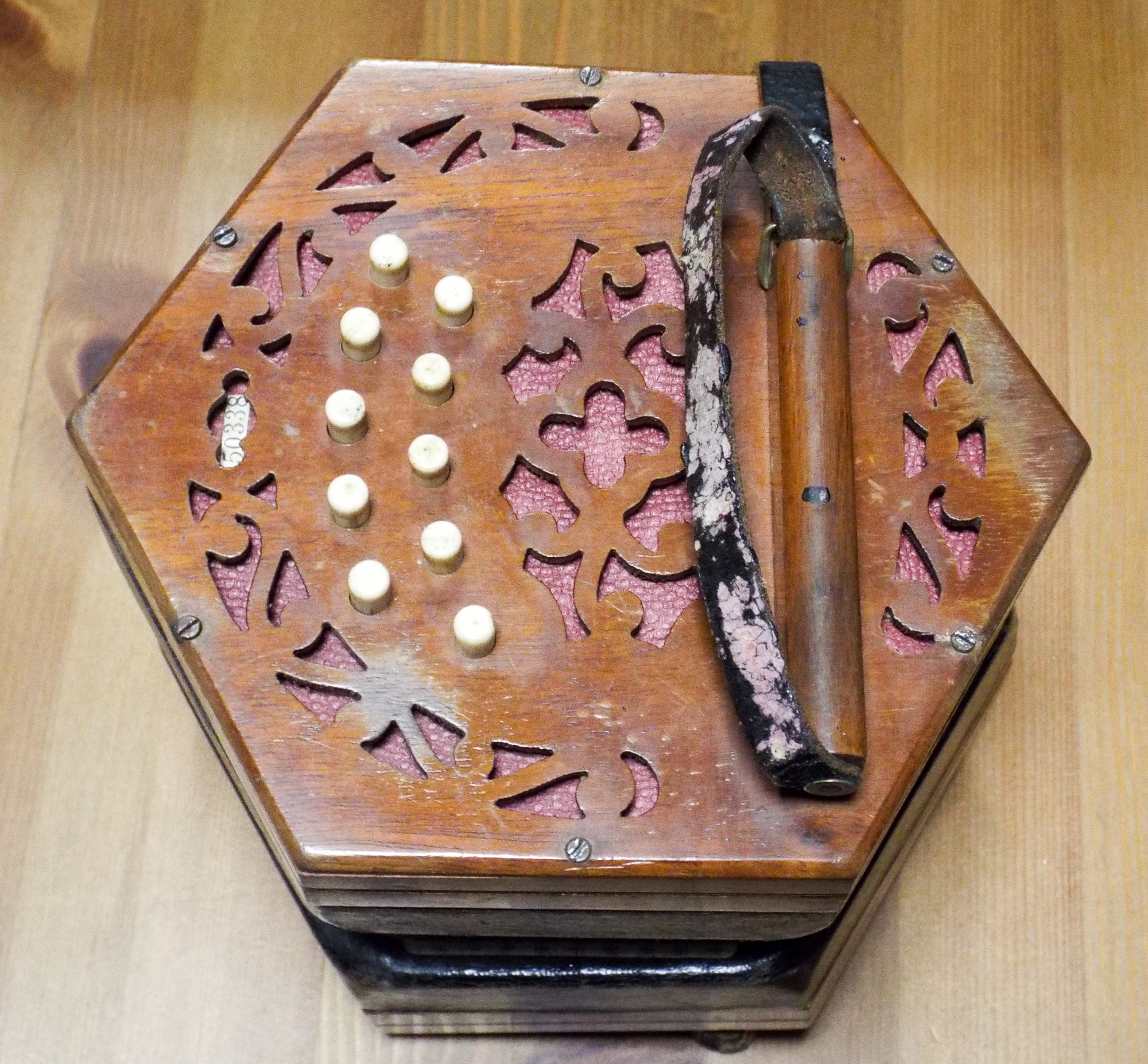 Hexagonal accordion by Lachenal and Company, concertina in wooden box