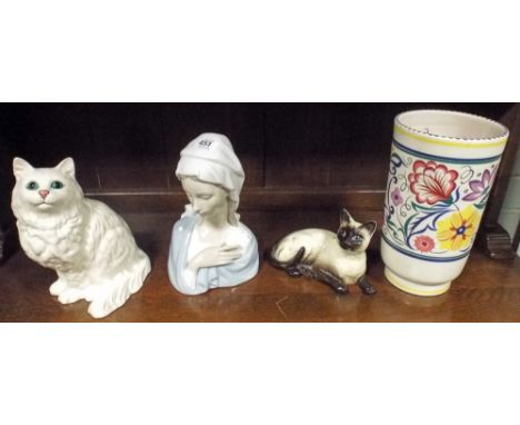 Poole Pottery vase, Lladro bust and two Royal Doulton cat ornaments 