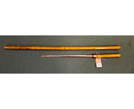 A bamboo cane sword stick, overall length 94cm, concealing a double edge blade, length 36cm 