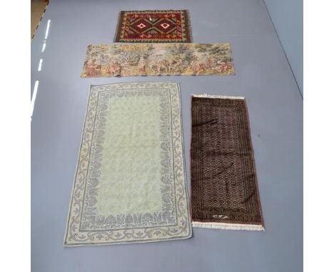 A Kashmiri wool hand chain stitched wall hanging. 1369x75cm, a French tapestry, 136x44cm, a Mori Jaldar, 101x40cm, and a Sort