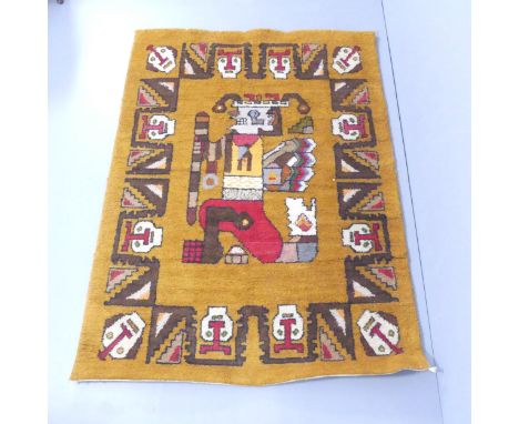 A late 20th century Mayan, Aztec, South American design handmade woollen rug. 198x144cm.