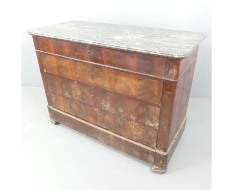 A French mahogany and marble topped commode chest of five long drawers. 130x95x58cm.