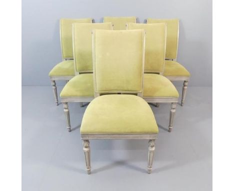 R. GRIFFITHS WOODWEAR LTD. - A set of six modern painted and upholstered dining chairs, with maker's label.