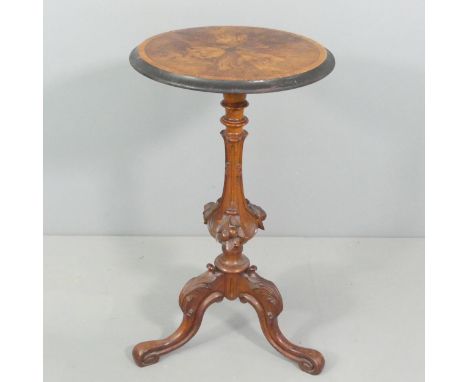 An antique burr walnut and ebonised circular top occasional table, on turned column with tripod base. 42x73cm. Fair used cond