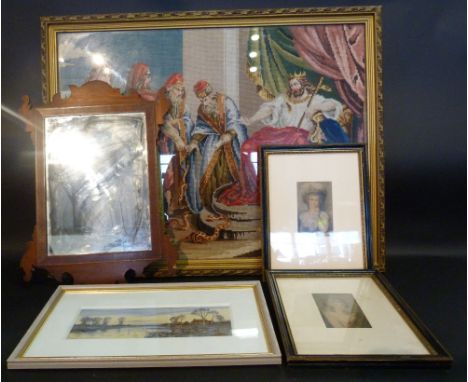 A Berlin Woolwork Tapestry together with a mahogany Chippendale style wall mirror, two Baxter prints and a small watercolour 