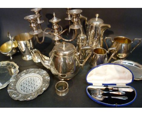 A Silver Plated Four Branch Candelabrum together with a collection of other plated items to include a tea service