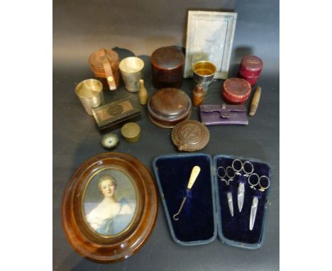 Two Treen Ware Boxes, together with a small collection of other items to include two stirrup cups, a cased set of scissors, a