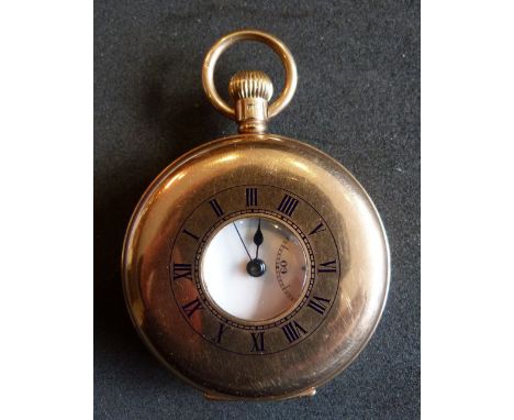 9ct. Gold Cased Half Hunter Pocket Watch, the enamel dial with Roman numerals and subsidiary seconds dial, 97.1 gms all in