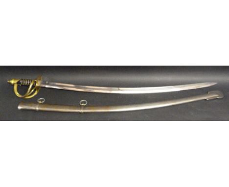 A 20th Century Heavy Cavalry Sabre, the black leather grip with wire twist detail within a pierced brass hilt together with a