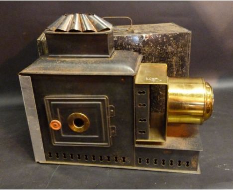 An Ebonised and Brass Magic Lantern with Tin Case